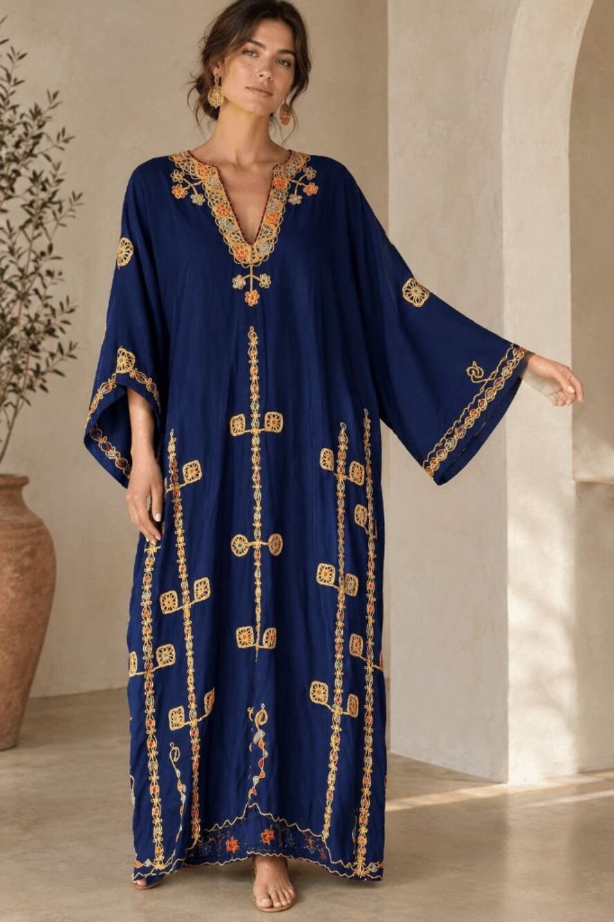 VTG Hand Embroidered Caftan Maxi Dress Navy Gold Boho Ethnic Kaftan